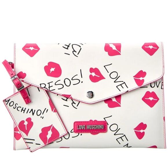 Love Moschino Kisses Clutch w/ID Tag & Card Wallet- White/Pink